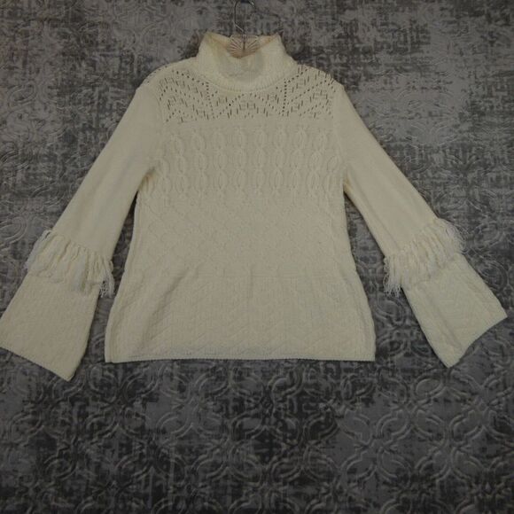 WHBM Sweater Women's Small Ivory Mock Neck Embellished Fringed Cable Knit - Picture 1 of 11